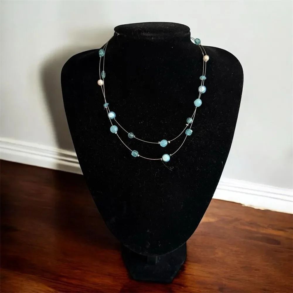 Vintage Y2K Invisible Bead Beaded Layered Teal Turquoise Necklace Choker